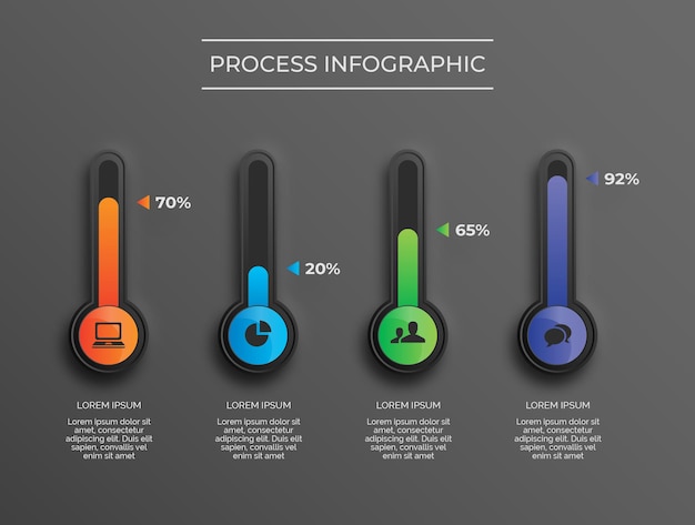 Tubos de color degradado de proceso de infografía de tema oscuro vector premium