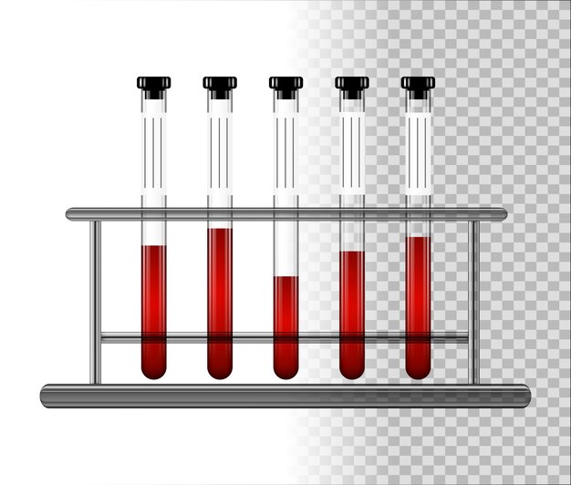 Vector tubos de ensayo médico con sangre en el estante. frascos de vidrio transparente con tapa.