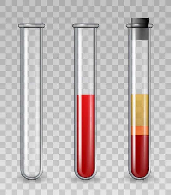 Tubos de ensayo con sangre. tubo médico de vidrio realista vacío, lleno de glóbulos rojos, plasma rico en plaquetas. conjunto de vectores de terapia de dermatología prp. ilustración farmacología y terapia química científica.