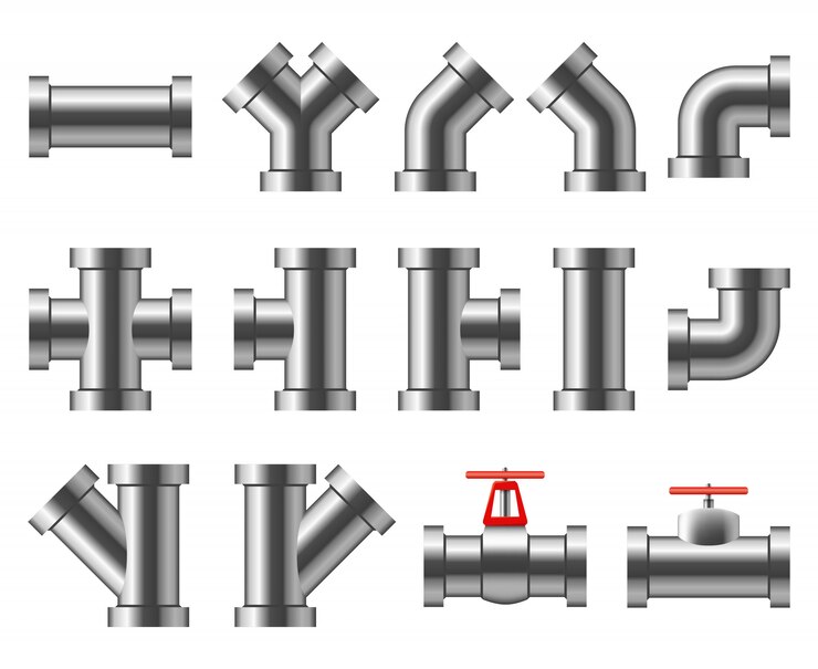Vector tubos de plata. tubería de aluminio y cromo. accesorios de tubería, conjunto de vectores de tubos de agua