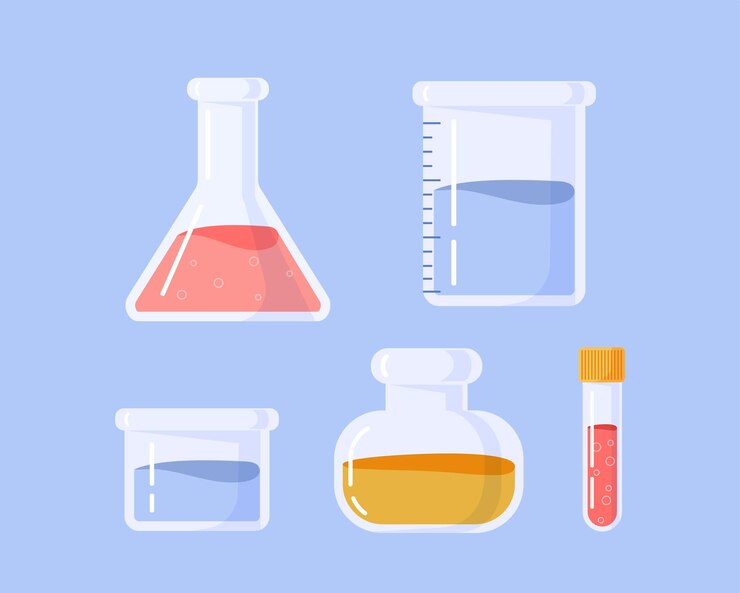 Vector los tubos químicos de laboratorio establecen experimentos de laboratorio y químicos y prueban reactivos líquidos rojos y amarillos
