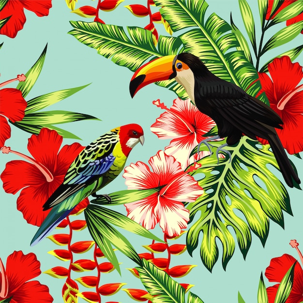 Tucán de aves tropicales y loros multicolores en el fondo exótico flor de hibisco y hoja de palma. imprimir planta floral de verano. papel pintado de animales de la naturaleza. patrón de vector inconsútil