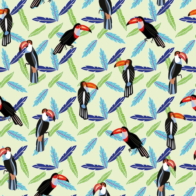 Vector tucán de aves tropicales en la selva papel tapiz de patrones sin fisuras
