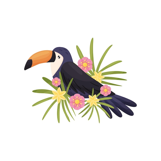 Tucán de dibujos animados con pico grande sobre fondo blanco Concepto de flora y fauna Pájaro y primavera Vector ilustración plana