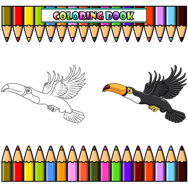 Tucán de dibujos animados volando para colorear libro