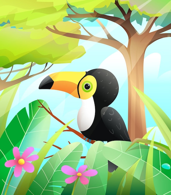 Tucán lindo en la naturaleza verde con árboles y fondo de bosque tropical  pájaro tucán colorido para niños | Vector Premium