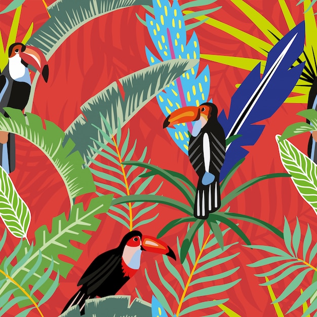Tucanes hojas de palma estilo de dibujos animados rojo naranja patrón inconsútil de papel tapiz