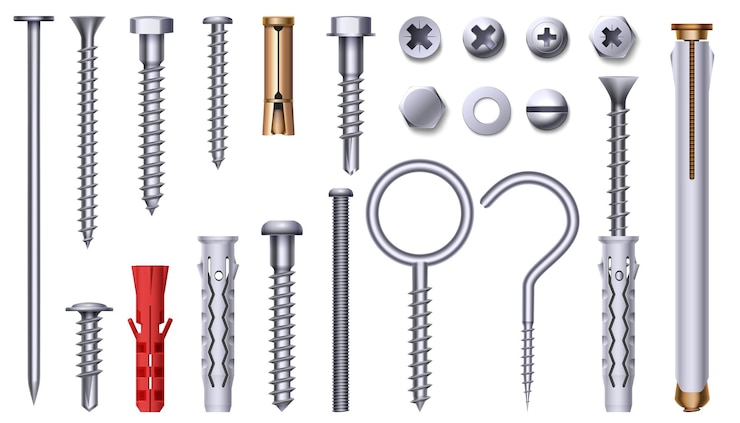 Vector tuerca de acero, perno, tornillo y taco de plástico realistas. elementos de hardware de metal 3d con hilo. conjunto de vectores de cabezas de clavos, pasadores y espárragos de acero inoxidable. ilustración de perno, espárrago y clavija de hardware