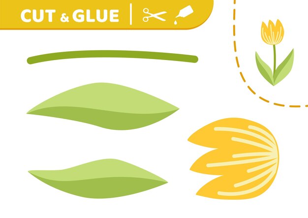 Tulipán amarillo Cortar y pegar Flor con hojas Aplique Juego de papel Vector