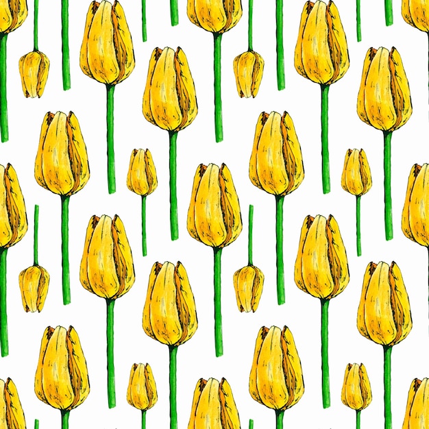 Tulipán amarillo dibujado a mano acuarela de patrones sin fisuras