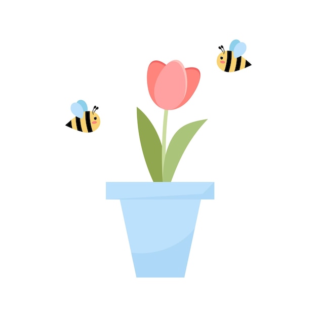 Un tulipán en una olla con abejas volando a su alrededor Flor de tulipán en estilo plano Ilustración para niños