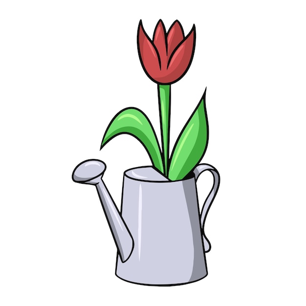 Un tulipán rojo se encuentra en una caricatura vectorial de regadera de metal