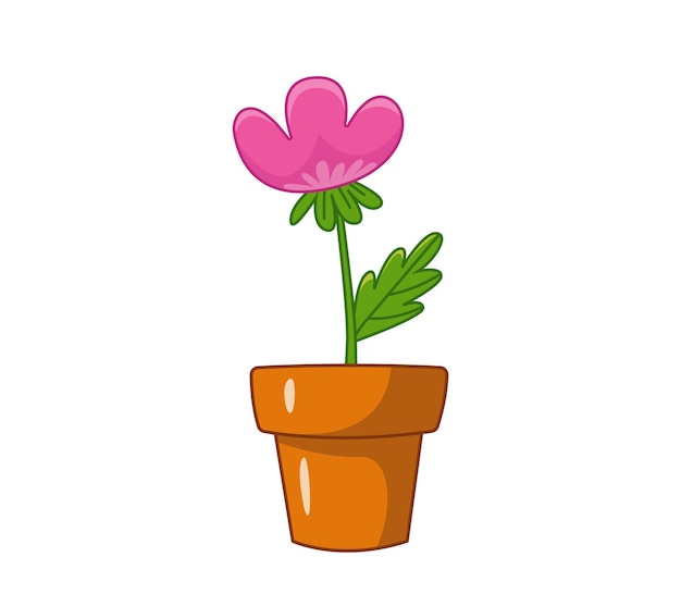 Vector tulipán rosa en una cazuela de barro. ilustración de vector de estilo infantil de dibujos animados con contorno. imágenes prediseñadas divertidas aisladas sobre fondo blanco. lindo estampado de verano.