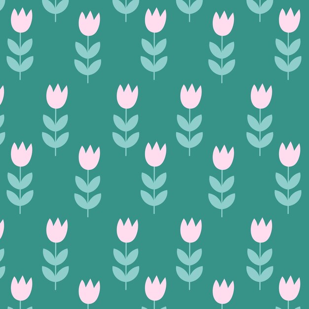 Tulipán rosado aislado sobre fondo verde Tulipán floral dibujado a mano vector de patrón sin costuras