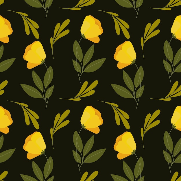 Tulipanes de flores amarillas de patrones sin fisuras y ramas con hojas sobre un fondo oscuro Imprimir