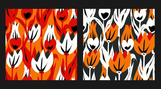 Tulipanes Flores Conjunto de patrones sin fisuras en estilo plano ilustración dibujada a mano Patrón floral Colección de vectores para diseño impresión papel tapiz de tela, etc.