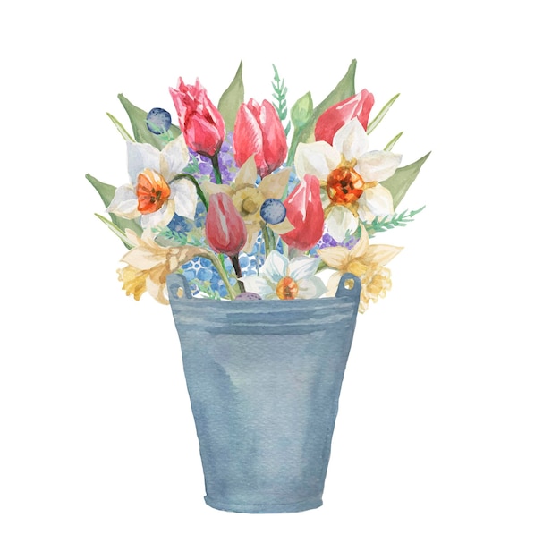 tulipanes narcisos flores primavera florecer acuarela ilustración dibujado a mano