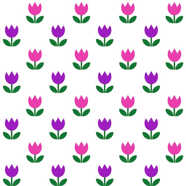 Tulipanes, patrones sin fisuras, vector. Patrón de tulipanes morados y rosas sobre un fondo blanco.