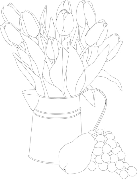 Vector tulipanes en una regadera pera y uvas contorno sobre un fondo blanco libro para colorear