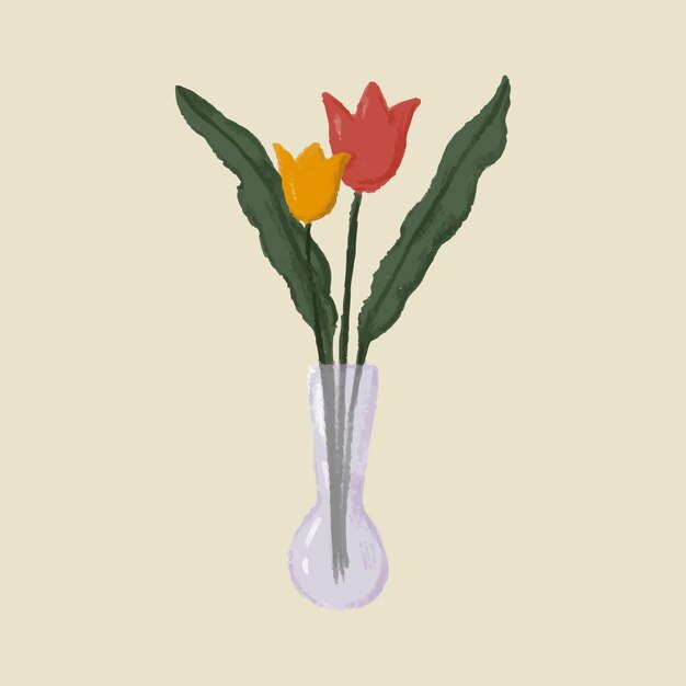 Tulipanes rojos y amarillos en un vector de estilo de boceto de jarrón de vidrio