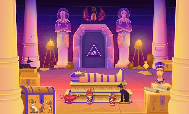 Tumba del faraón de egipto con un sarcófago, cofres, estatuas del faraón con el ankh, una figura de gato, columnas y una lámpara. ilustración de dibujos animados para juegos.