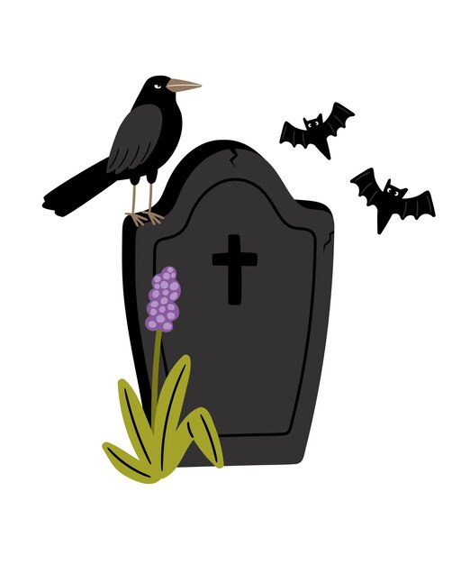 Tumba de Halloween de dibujos animados con cuervo negro Ilustración vectorial sobre fondo blanco