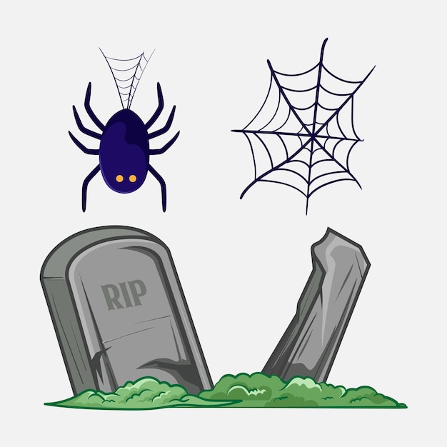 Tumba de piedra y araña aterradora pegatina de Halloween Impresión para camiseta Ilustración vectorial