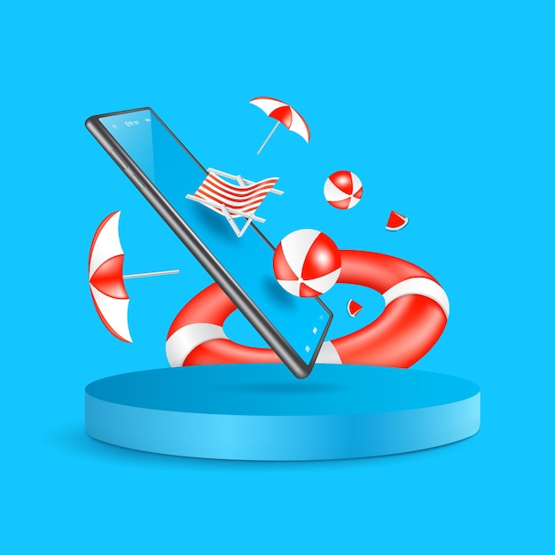 Vector tumbonas sombrillas voleibol y aros salvavidas flotando alrededor de un teléfono inteligente flotando en un podio redondovector 3d sobre fondo azul para el diseño de concepto de verano de compras en línea