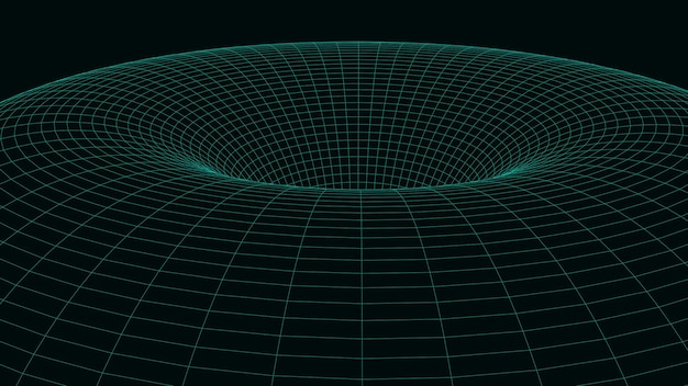 Túnel abstracto con una estructura de malla verde sobre un fondo oscuro Cuadrícula 3D de túneles y pasillos Agujero de gusano vectorial