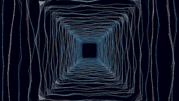 Túnel de estructura metálica abstracta Agujero de gusano vectorial Rejilla de portal 3D Embudo de fantasía futurista