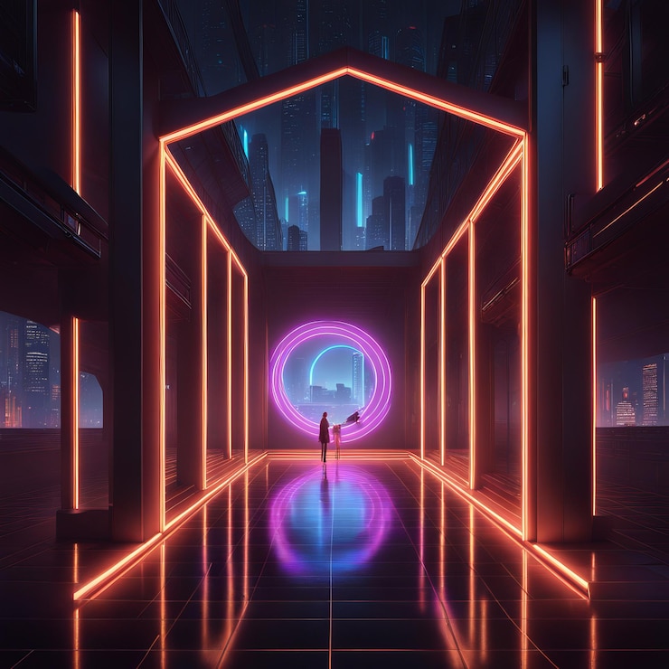 Vector túnel futurista de ciencia ficción con luces de neón en el espacio oscuro espacio vacío futuro futuro fut