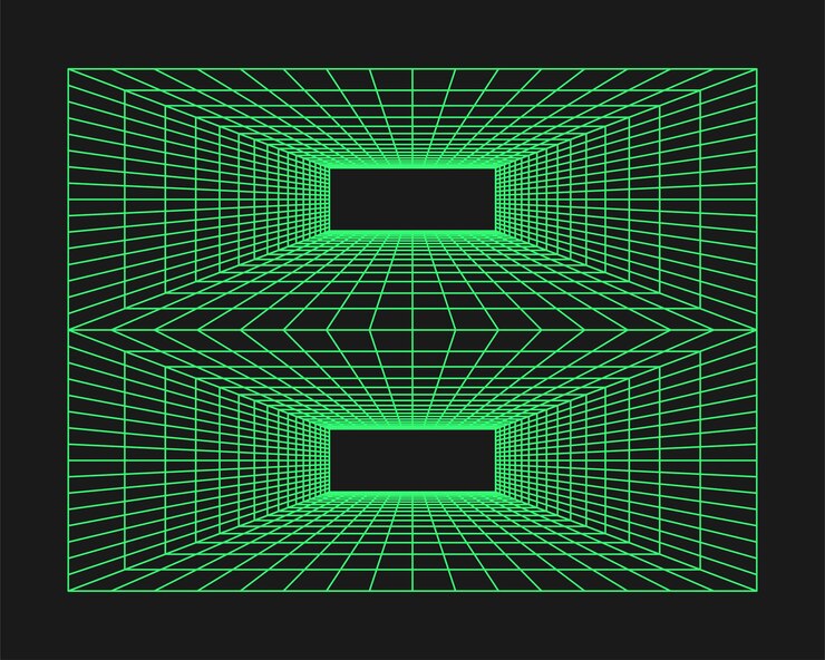 Vector túnel de perspectiva cyberpunk geometría cibernética elemento y2k estilo aislado en fondo negro ilustración de tendencia vectorial