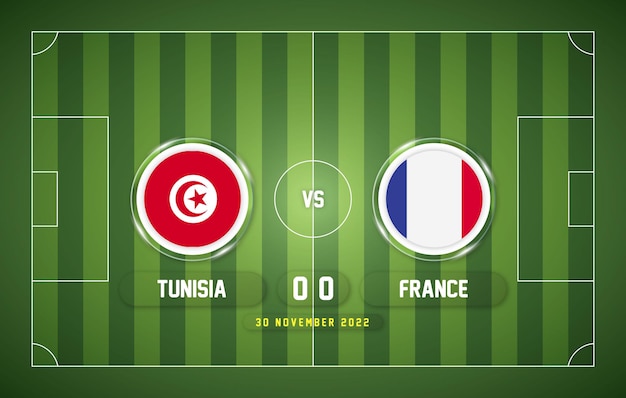 Vector túnez vs francia campeonato mundial de fútbol 2022 partido con marcador y fondo de estadio