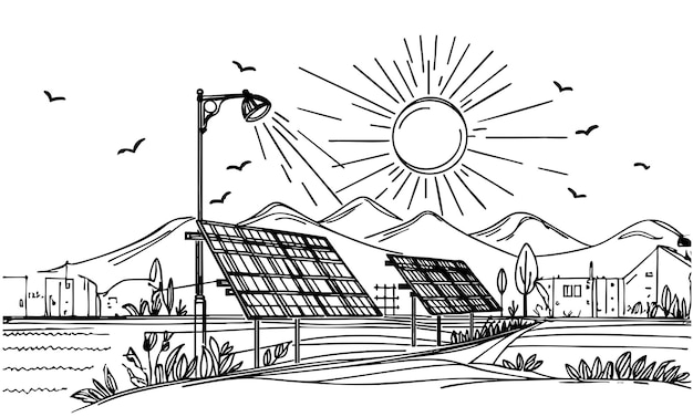 Turbinas eólicas y paneles solares en los campos dibujo de arte energético