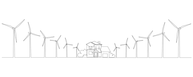 Turbinas de parques eólicos y molino de viento con casa familiar en un dibujo de línea continua Energía verde y fuente renovable de energía concepto en estilo lineal simple Trazo editable Ilustración vectorial de Doodle