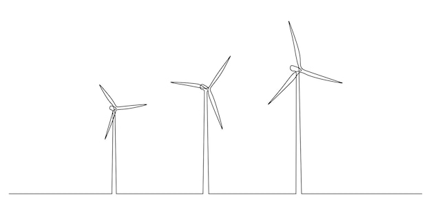 Turbinas de viento y molino de viento en un dibujo de línea continua energía verde y fuente renovable de energía concepto en estilo lineal simple trazo editable ilustración vectorial