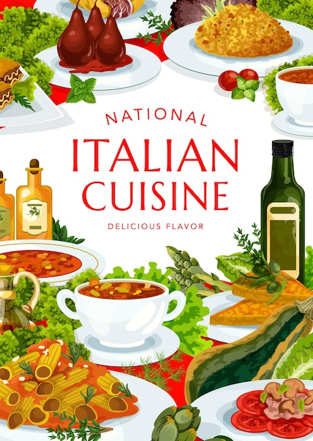 Vector turín de cocina italiana y sopa de tomate picante, minestrone, risotto, melón con prashuto