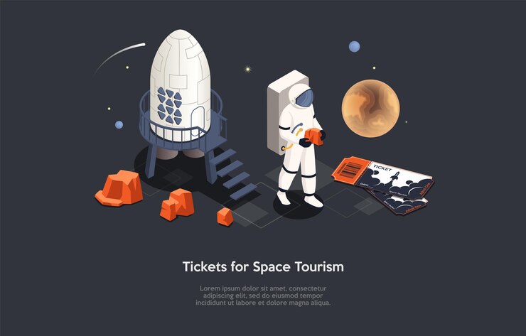 Vector turismo espacial, boletos para viajes cósmicos futuristas y suministros de astronautas ilustración conceptual. composición vectorial isométrica con personajes y objetos, estilo de dibujos animados 3d. cohete, astronauta.