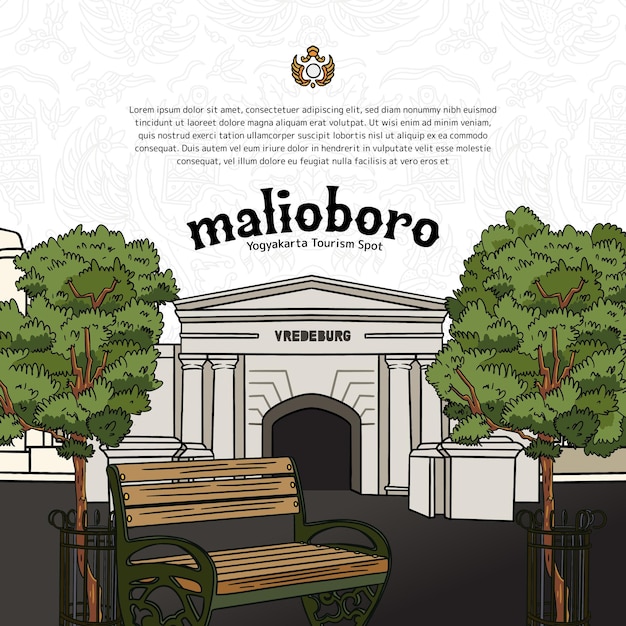 Turismo indonesio Calle Malioboro Yogyakarta con ilustración de diseño del Museo Fort Vredeburg