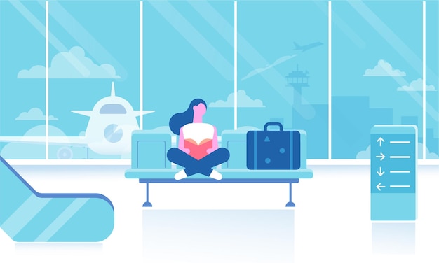 Turismo itinerante chica sentada en la sala de espera del aeropuerto personas vectoriales planas