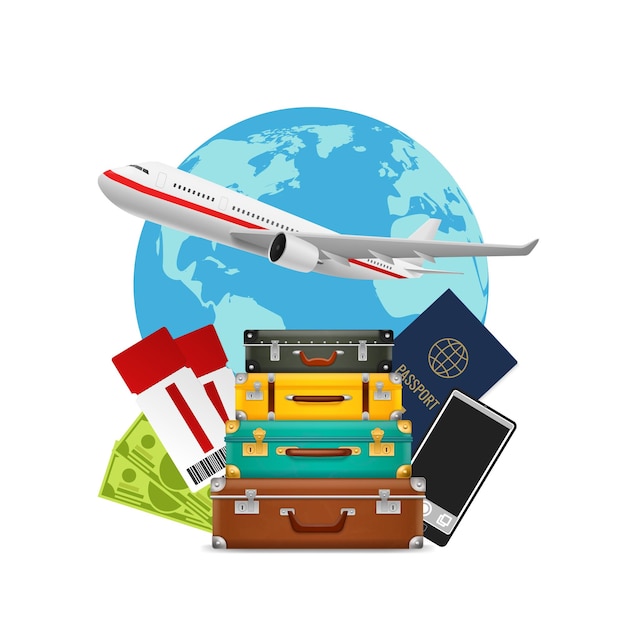 Turismo Maleta pila plano y mapa del mundo Pasaporte extranjero cámara y boletos viaje y viaje de vacaciones cartel elementos realistas viaje internacional vector concepto aislado