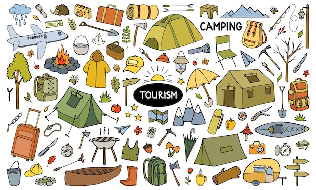 Turismo Senderismo turístico y equipo de campamento al estilo de garabatos Vector clipart para acampar