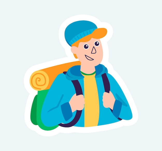 Turista feliz con mochila de camping haciendo senderismo y viajando