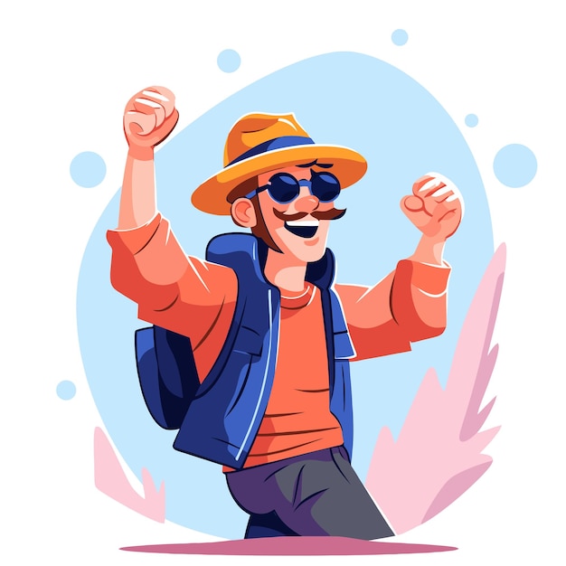 Vector turista feliz con mochila y sombrero ilustración vectorial al estilo de dibujos animados