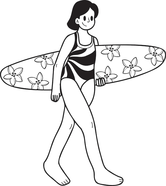 Turista femenina dibujada a mano con ilustración de tabla de surf en estilo garabato