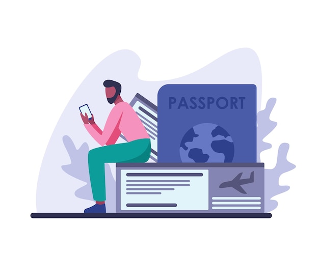 Turista haciendo reserva de vuelo Hombre sin rostro sentado en el banco del aeropuerto con un teléfono inteligente en las manos junto a un enorme pasaporte extranjero Ilustración de vector plano