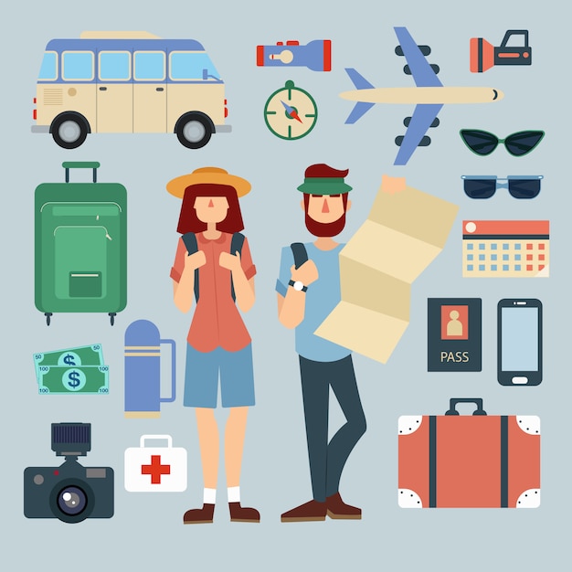 Turista hombre y mujer con conjunto de elementos de viaje. Personas activas