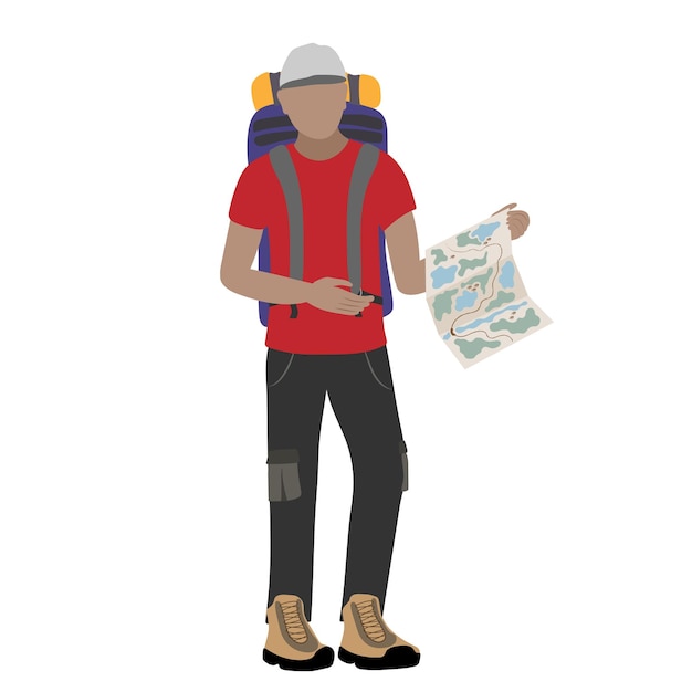 Turista con un mapa y una mochila grande Dibujos animados de vector de estilo de vida activo