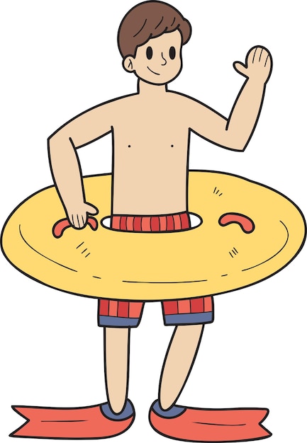 Vector turista masculino dibujado a mano con ilustración de anillo de natación en estilo garabato
