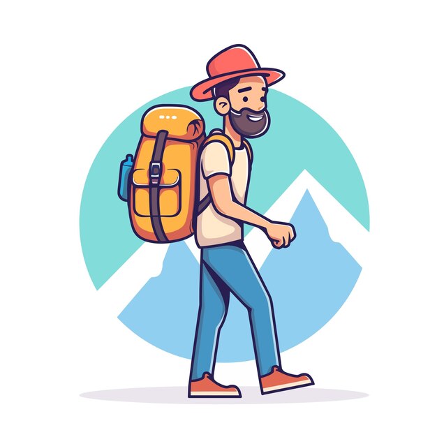 Turista masculino con mochila en el fondo de la montaña ilustración del logotipo vectorial